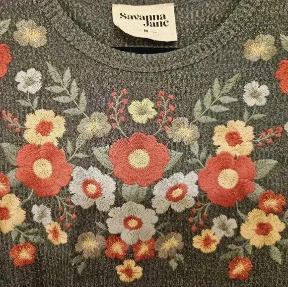 Savanna Jane Ribbed Knit Dress Women Medium Gray Floral Embroidered Boho - Picture 4 of 10